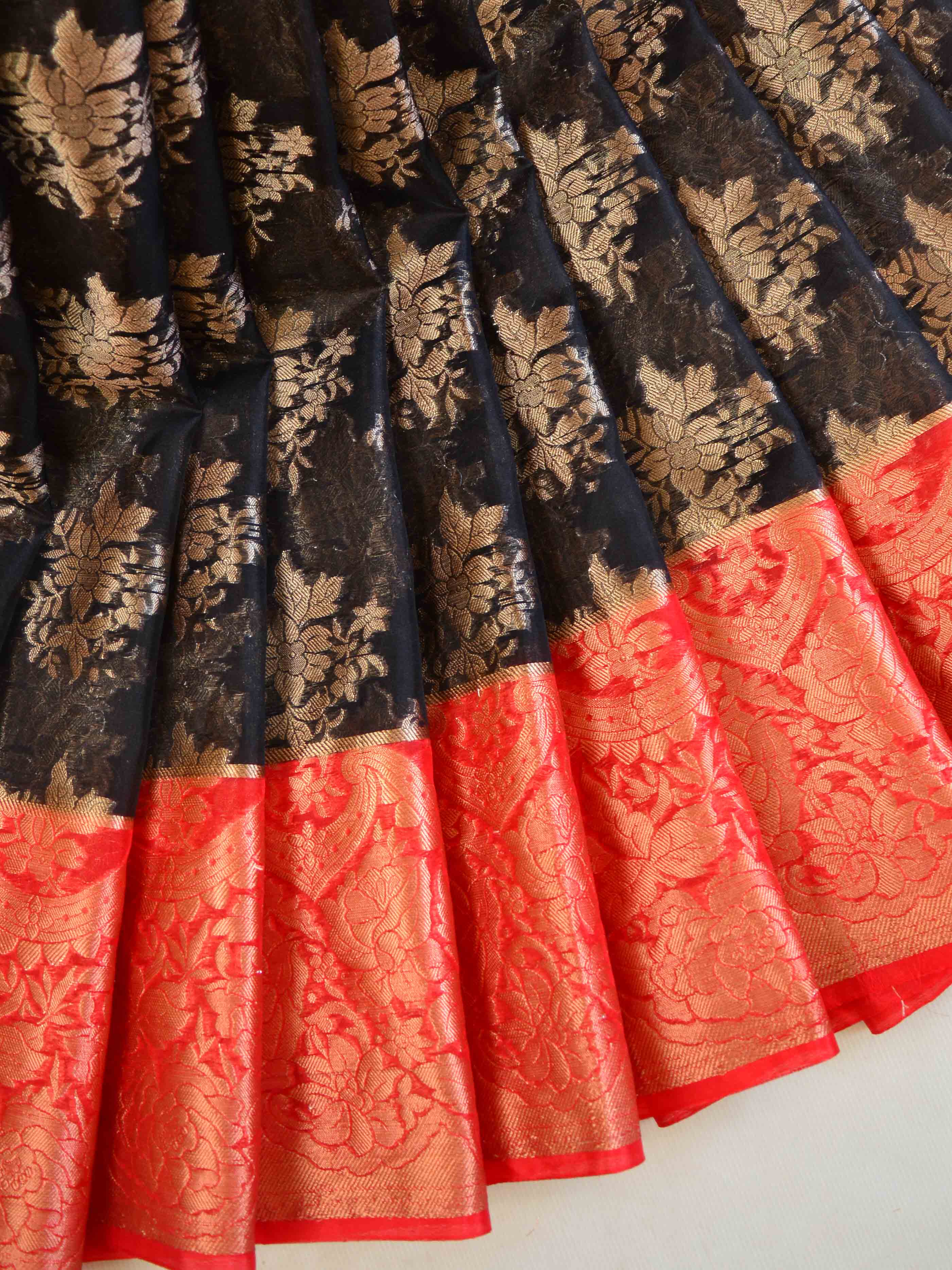 Banarasee Soft Kora Silk Mix Saree With Copper Zari Design-Black