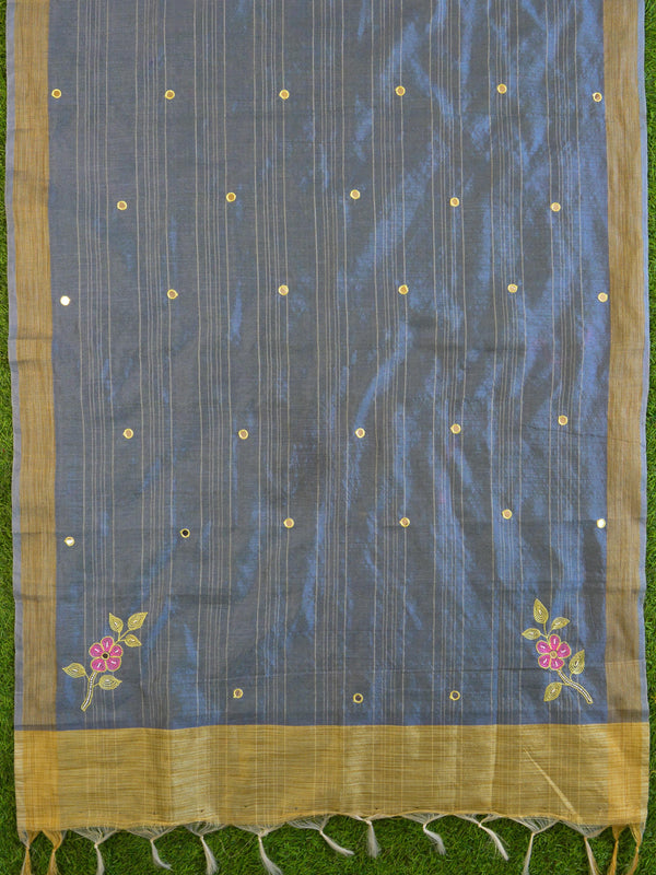 Banarasee Hand-Embroidery Chanderi Cotton Salwar Kameez Fabric With Art Silk Dupatta-Yellow & Grey
