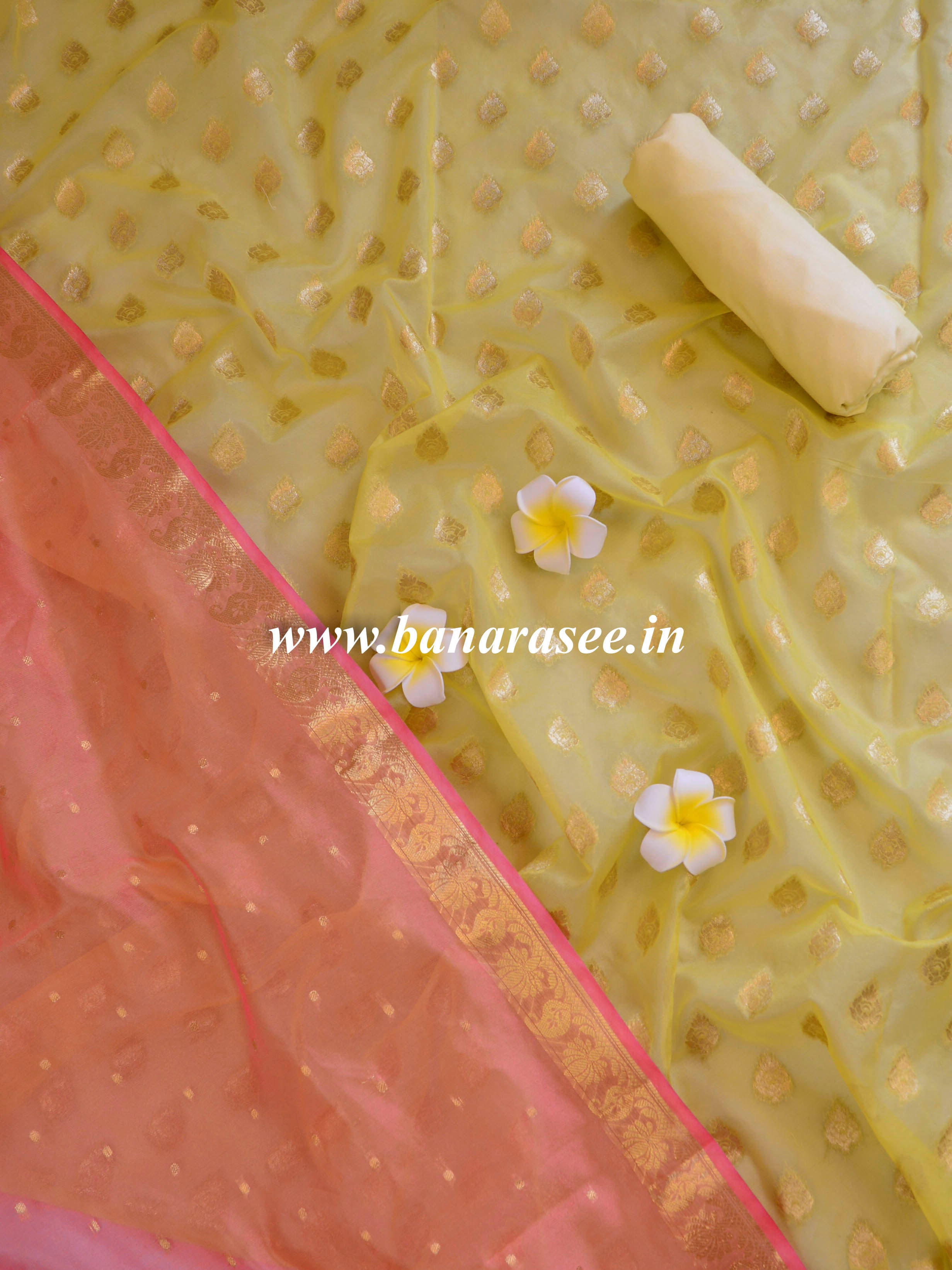 Banarasee Buti Design Organza Salwar kameez & Dupatta Set-Yellow & Peach