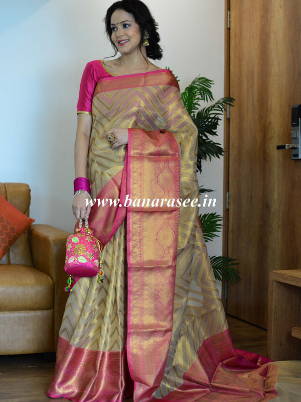 Banarasee Tissue Saree With Antique Zari Zig-Zag Design- Gold & Pink