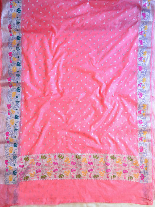 Banarasee Semi-Chiffon Saree With Silver Buti Design & Floral Meena Border-Pink