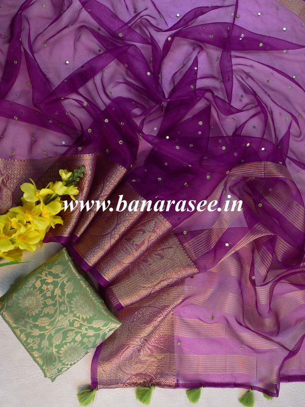 Banarasee Hand-Embroidered Mirror Work Organza Saree With Contrast Blouse-Purple