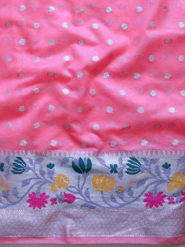 Banarasee Semi-Chiffon Saree With Silver Buti Design & Floral Meena Border-Pink