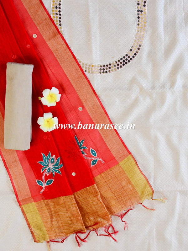 Banarasee Hand-Embroidery Chanderi Cotton Salwar Kameez Fabric With Art Silk Dupatta-White & Red