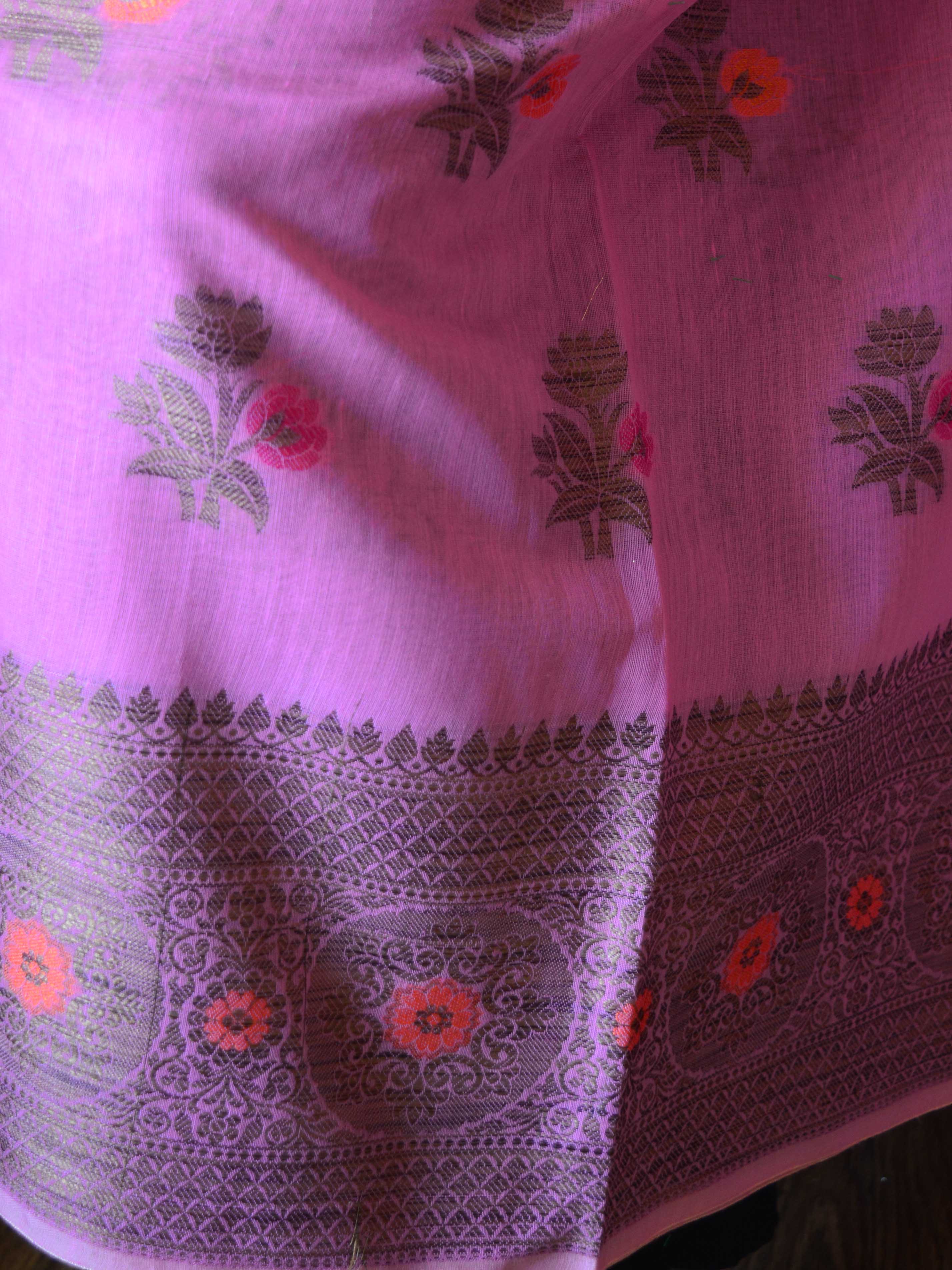 Banarasee Chanderi Cotton Salwar Kameez Fabric With Ghiccha Work-Pink