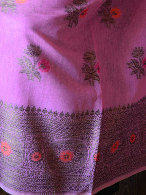 Banarasee Chanderi Cotton Salwar Kameez Fabric With Ghiccha Work-Pink