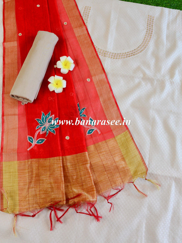 Banarasee Hand-Embroidery Chanderi Cotton Salwar Kameez Fabric With Art Silk Dupatta-White & Red