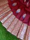 Banarasee Handwoven Cotton Silk With Silver Zari Buta & Border-Maroon