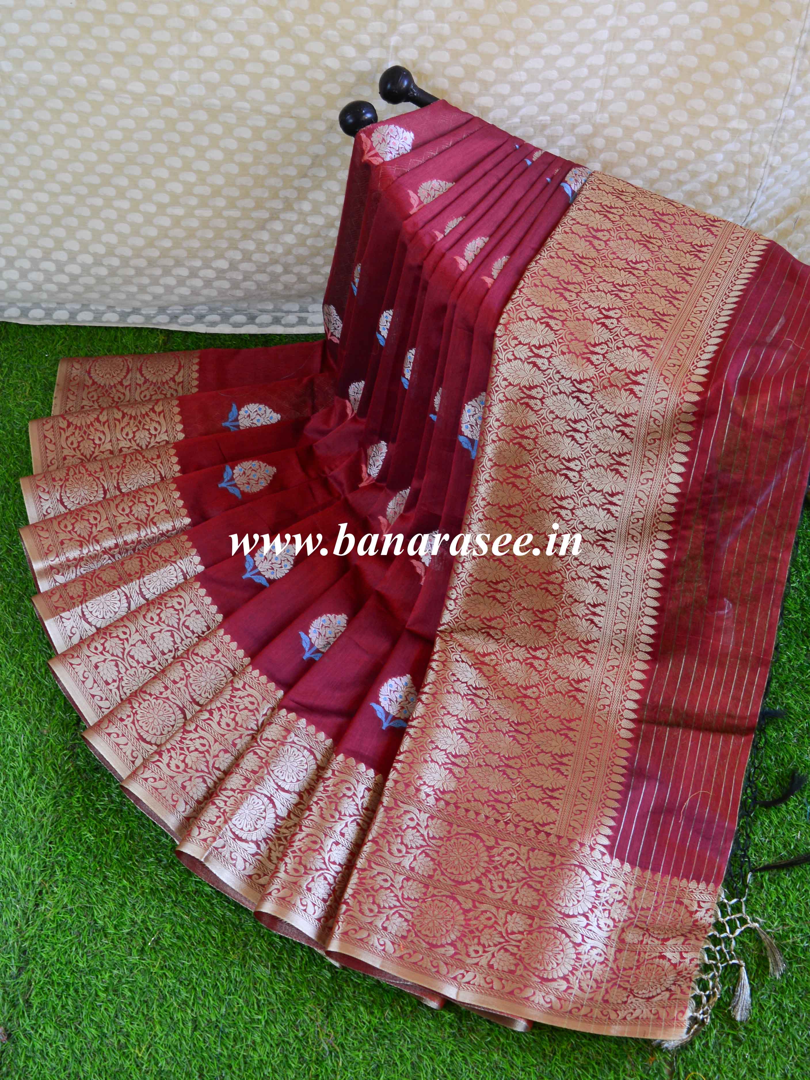 Banarasee Handwoven Cotton Silk With Silver Zari Buta & Border-Maroon