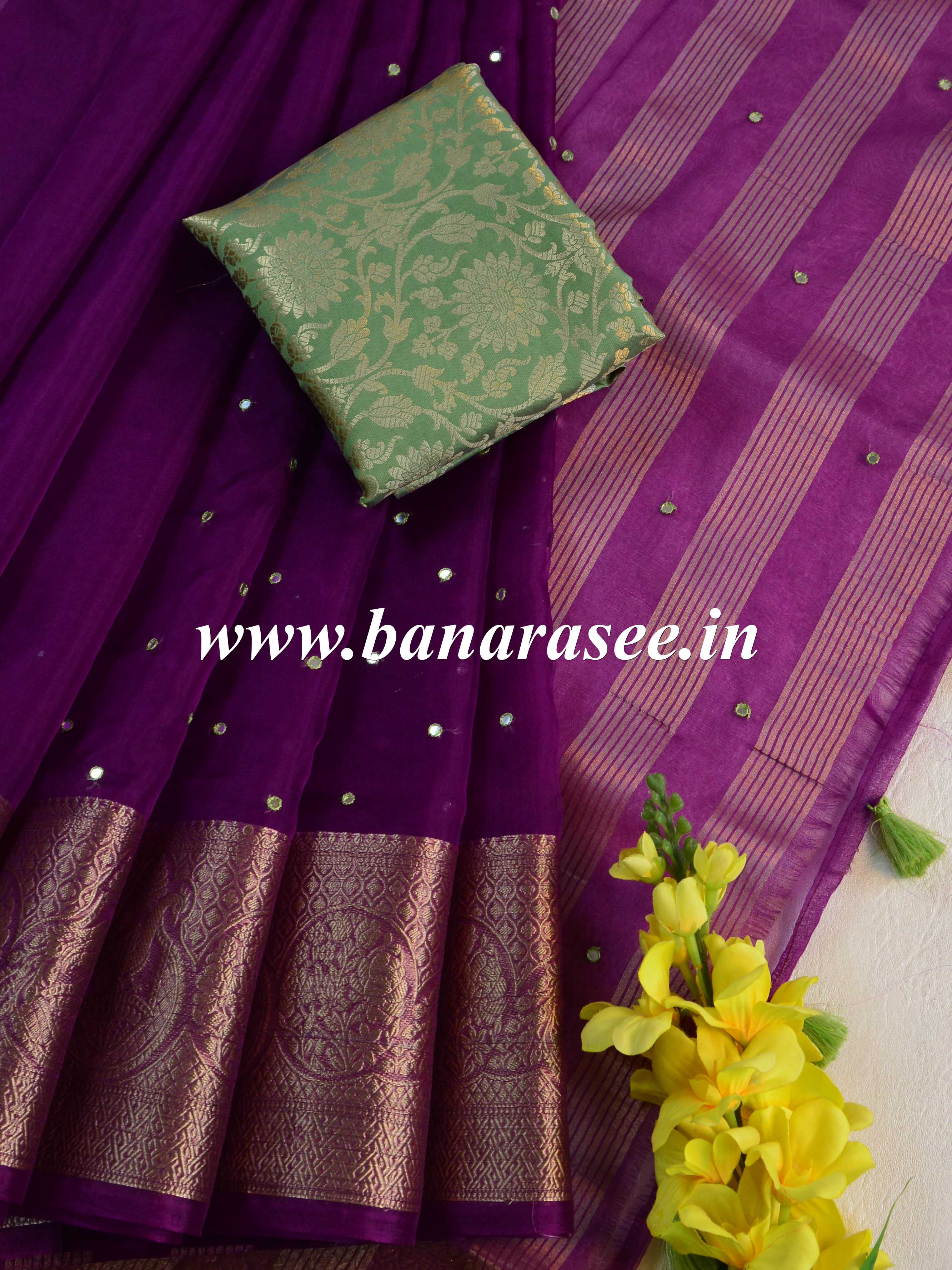 Banarasee Hand-Embroidered Mirror Work Organza Saree With Contrast Blouse-Purple