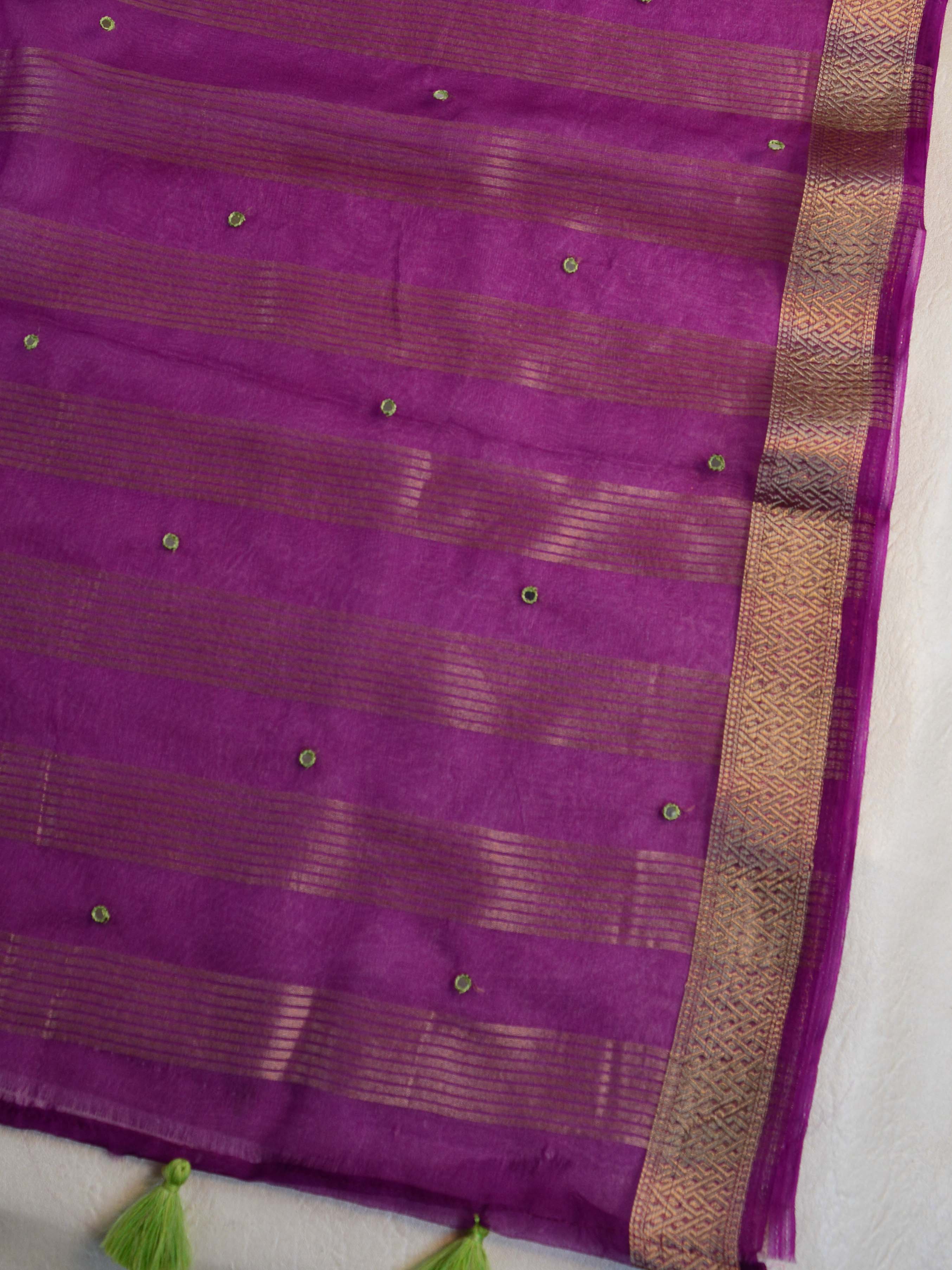 Banarasee Hand-Embroidered Mirror Work Organza Saree With Contrast Blouse-Purple