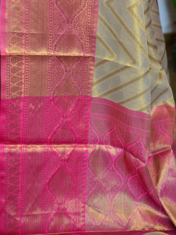 Banarasee Tissue Saree With Antique Zari Zig-Zag Design- Gold & Pink