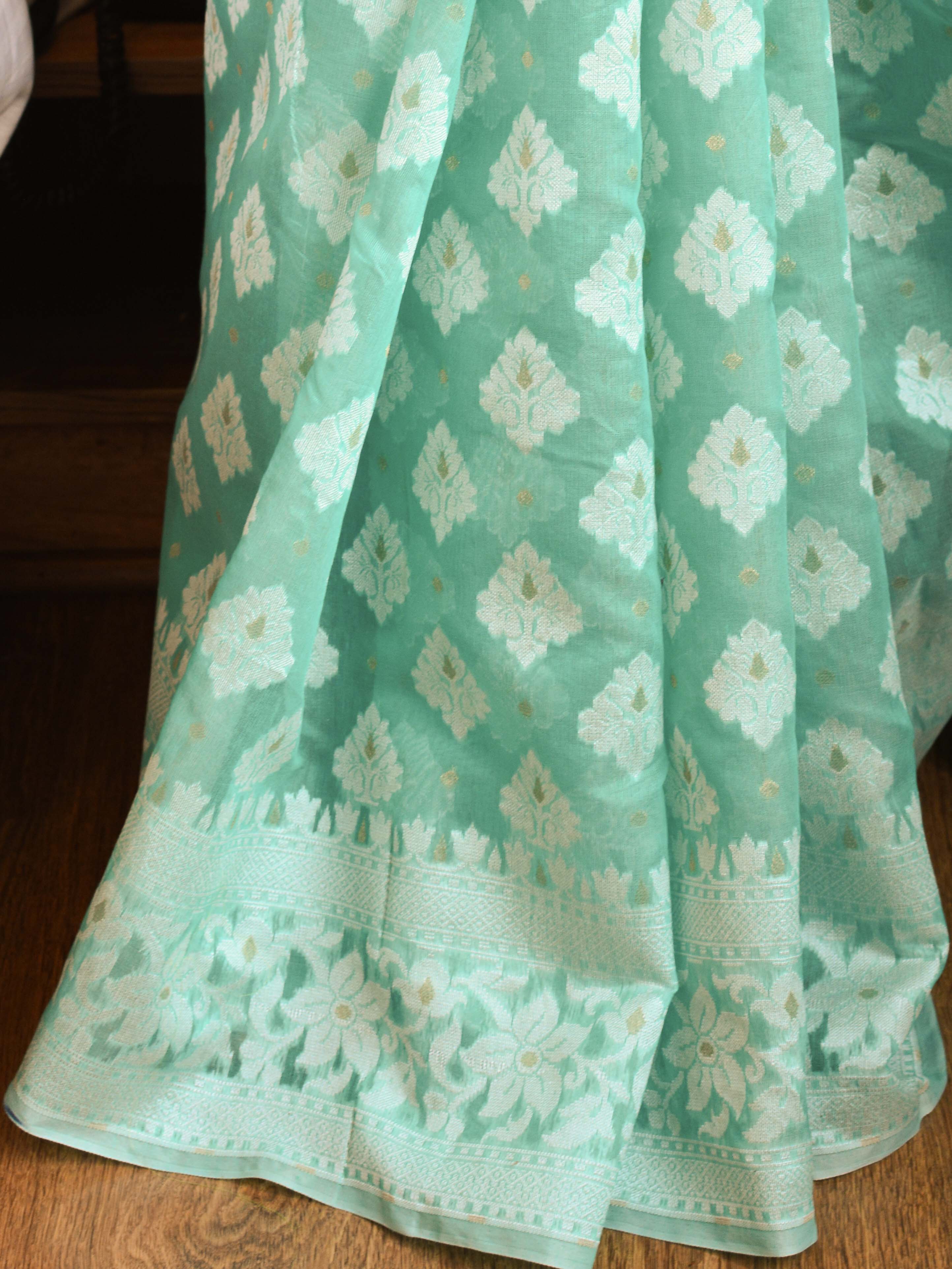 Banarasee Cotton Silk Jamdani Saree With Resham & Zari Design-Green