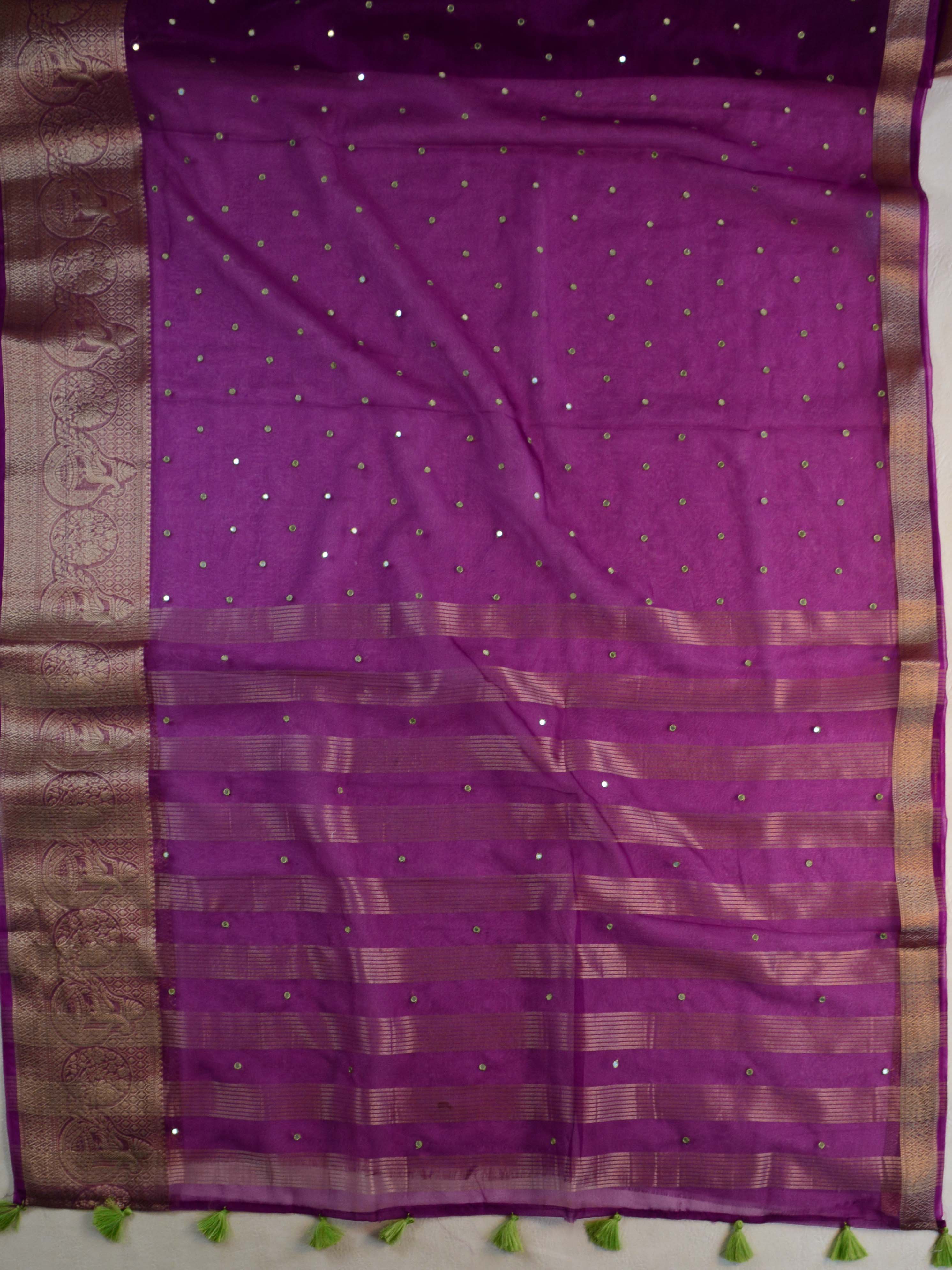 Banarasee Hand-Embroidered Mirror Work Organza Saree With Contrast Blouse-Purple
