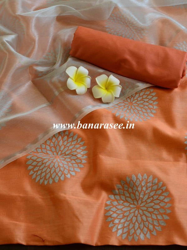 Banarasee Chanderi Salwar Kameez Silver Buta Fabric With Silver Dupatta-Peach