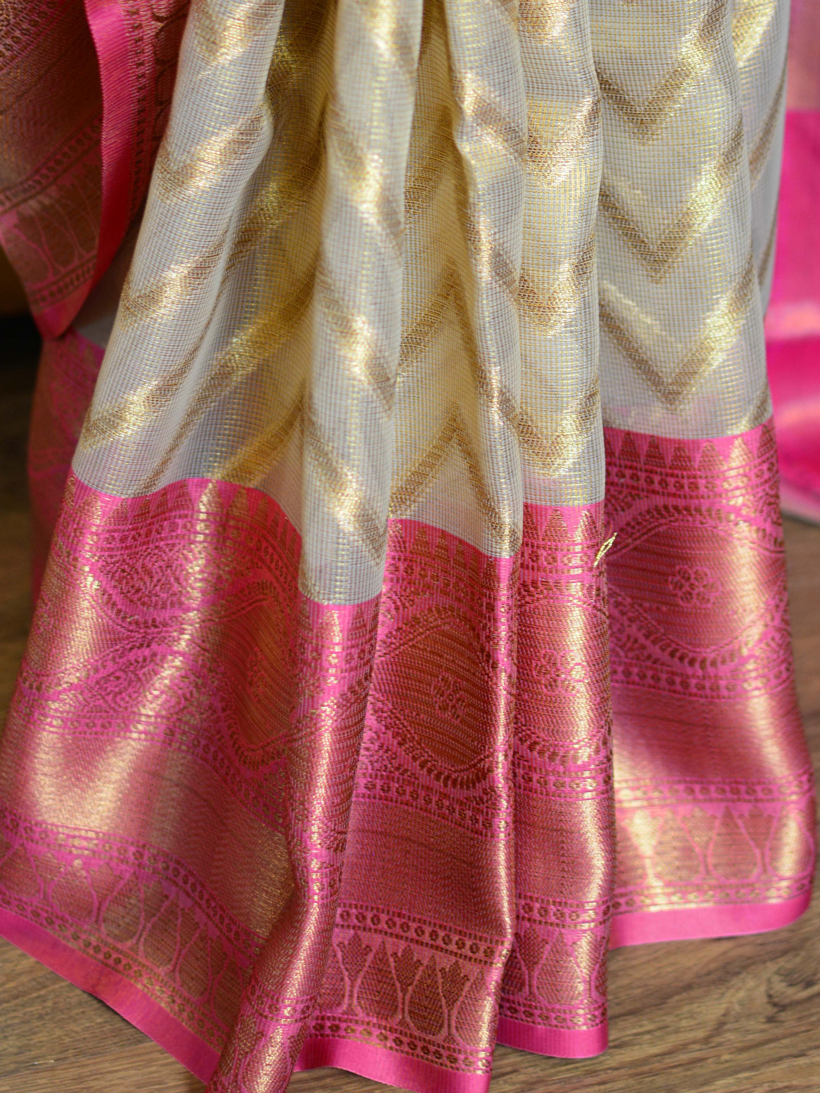 Banarasee Tissue Saree With Antique Zari Zig-Zag Design- Gold & Pink