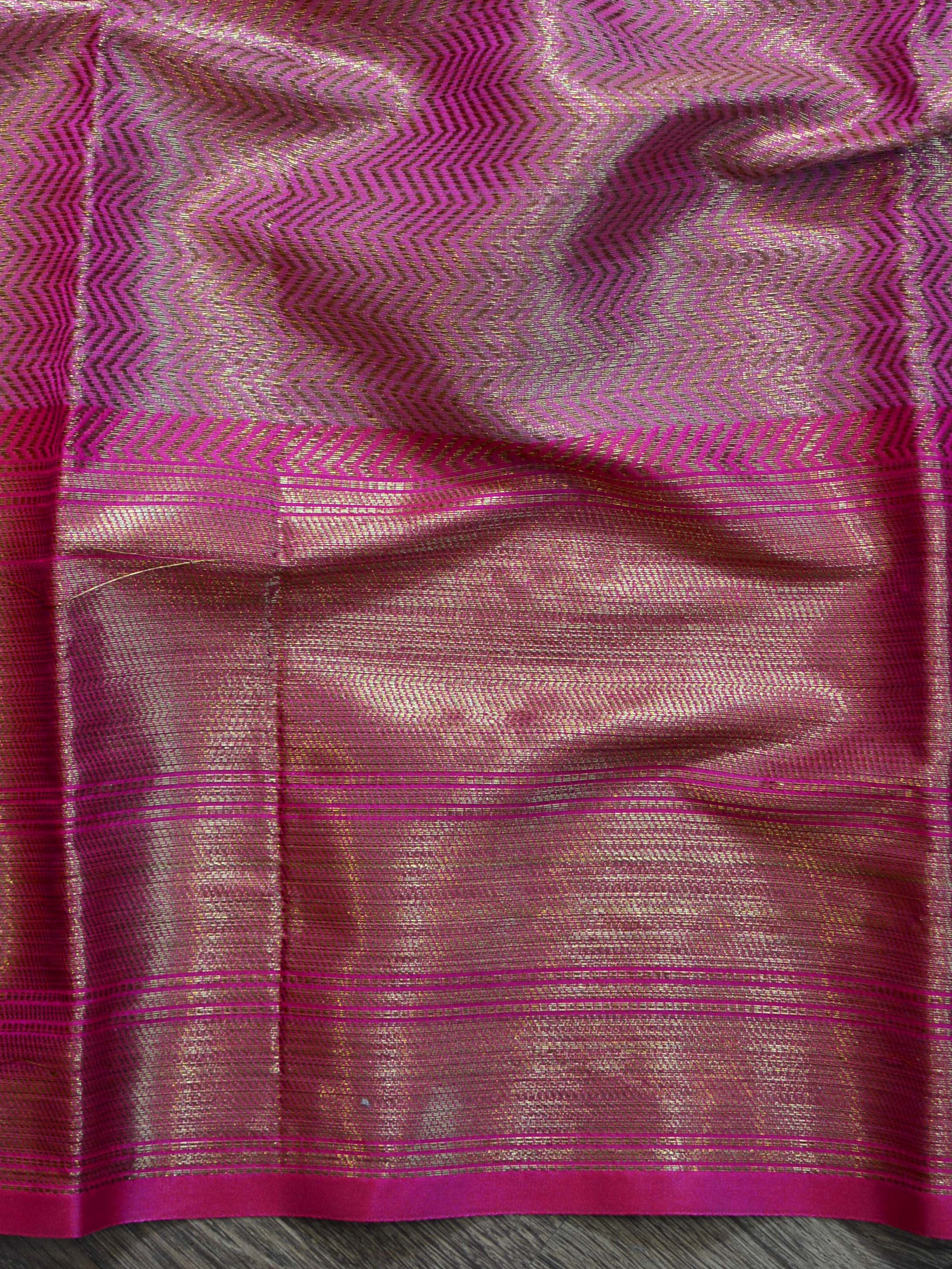 Banarasee Tissue Saree With Antique Zari Zig-Zag Design- Gold & Pink