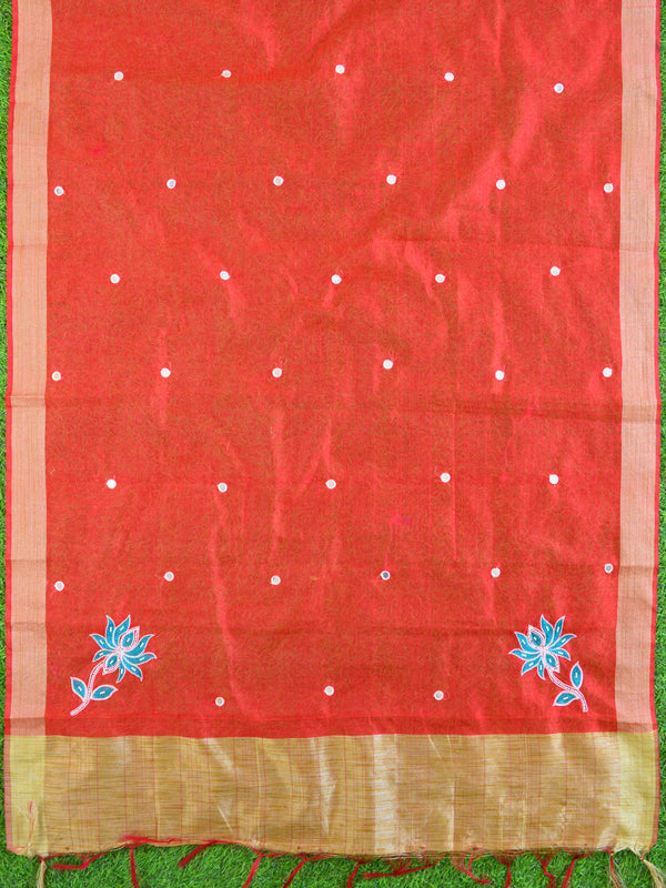 Banarasee Hand-Embroidery Chanderi Cotton Salwar Kameez Fabric With Art Silk Dupatta-White & Red