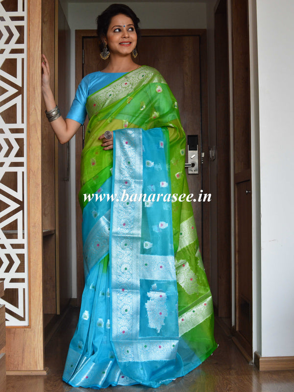 Banarasee Organza Mix Saree With Silver Zari Buta & Dual Color Design-Green & Blue