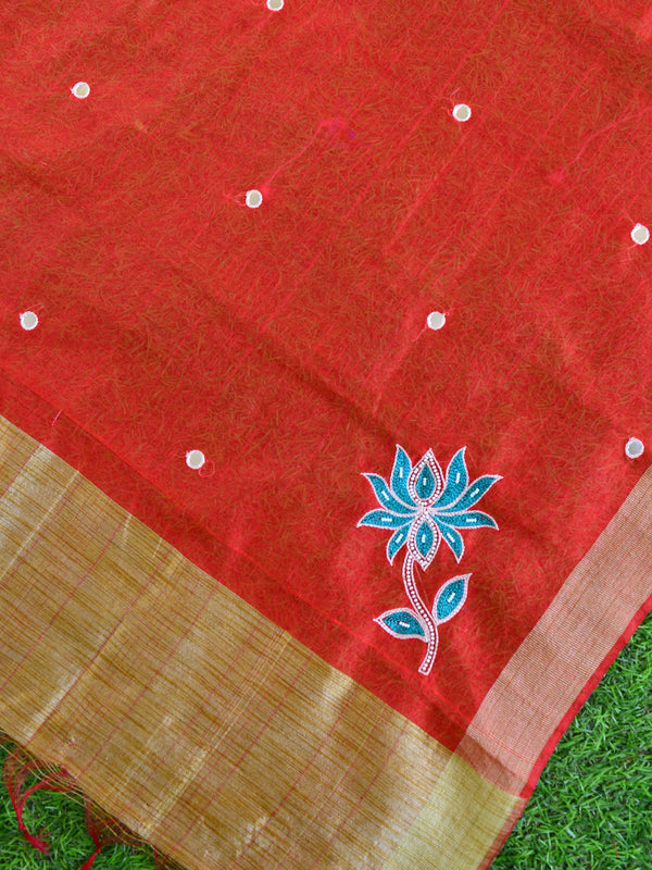 Banarasee Hand-Embroidery Chanderi Cotton Salwar Kameez Fabric With Art Silk Dupatta-White & Red