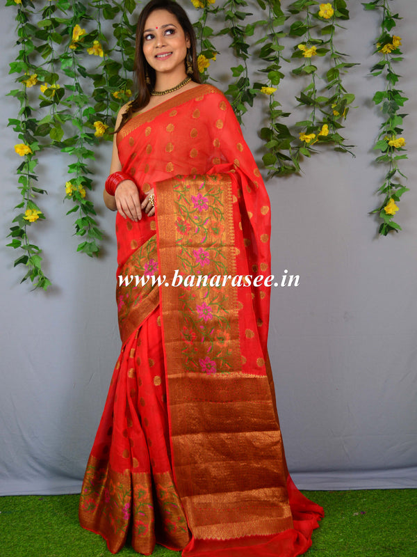 Banarasee Pure Chiffon Sari With Resham & Zari Work-Red