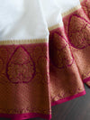 Banarasee Handwoven Semi Silk Saree With Contrast Zari Border-White & Maroon