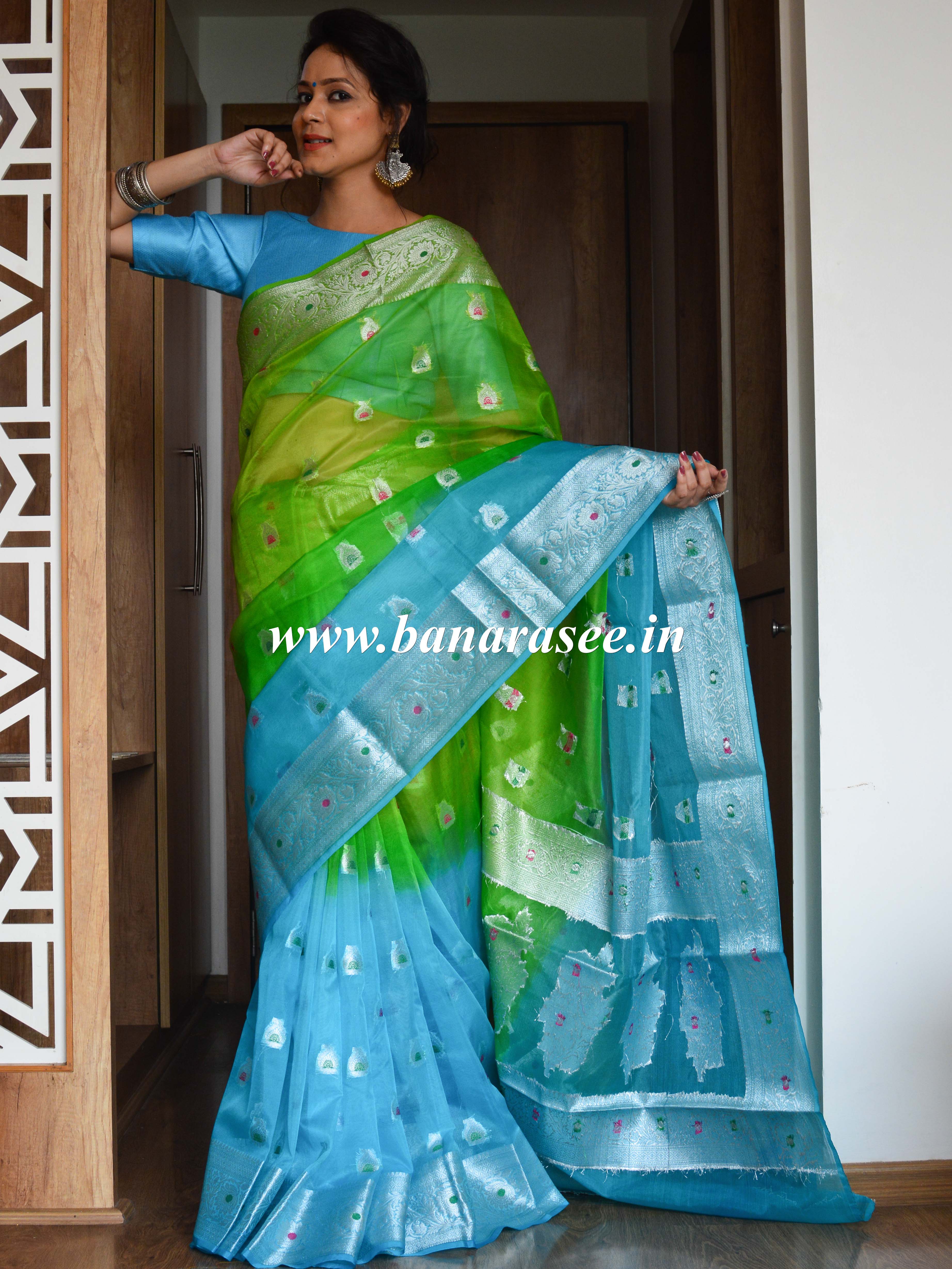 Banarasee Organza Mix Saree With Silver Zari Buta & Dual Color Design-Green & Blue