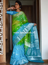 Banarasee Organza Mix Saree With Silver Zari Buta & Dual Color Design-Green & Blue