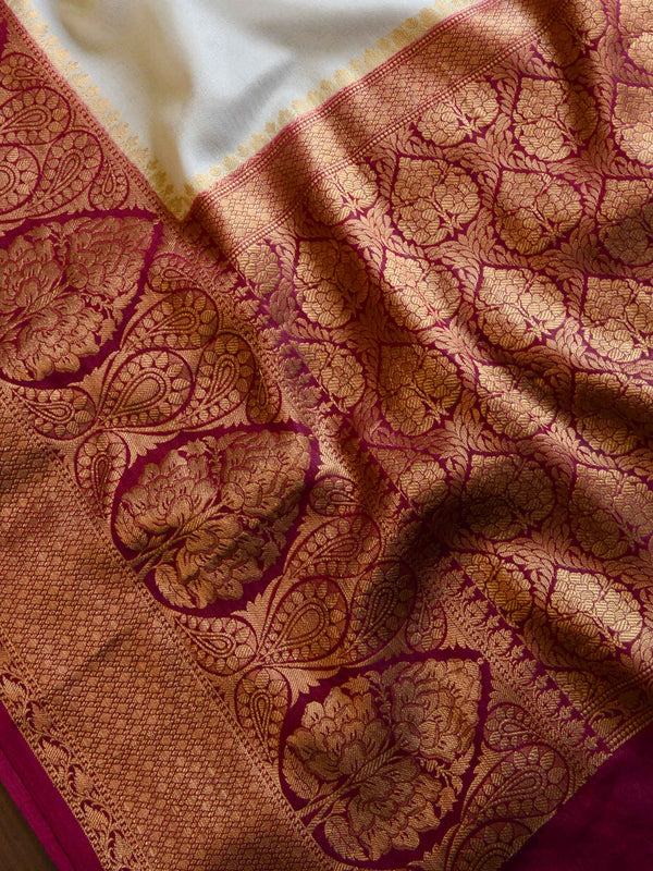 Banarasee Handwoven Semi Silk Saree With Contrast Zari Border-White & Maroon