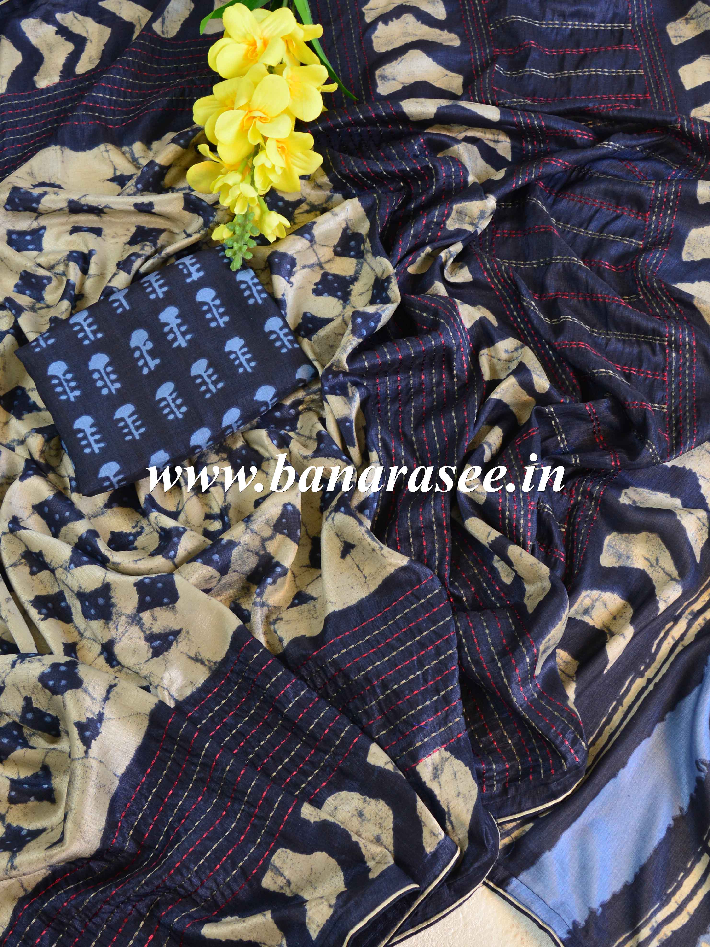 Banarasee Silk Blend Saree With Batik Print & Contrast Blouse-Blue & White