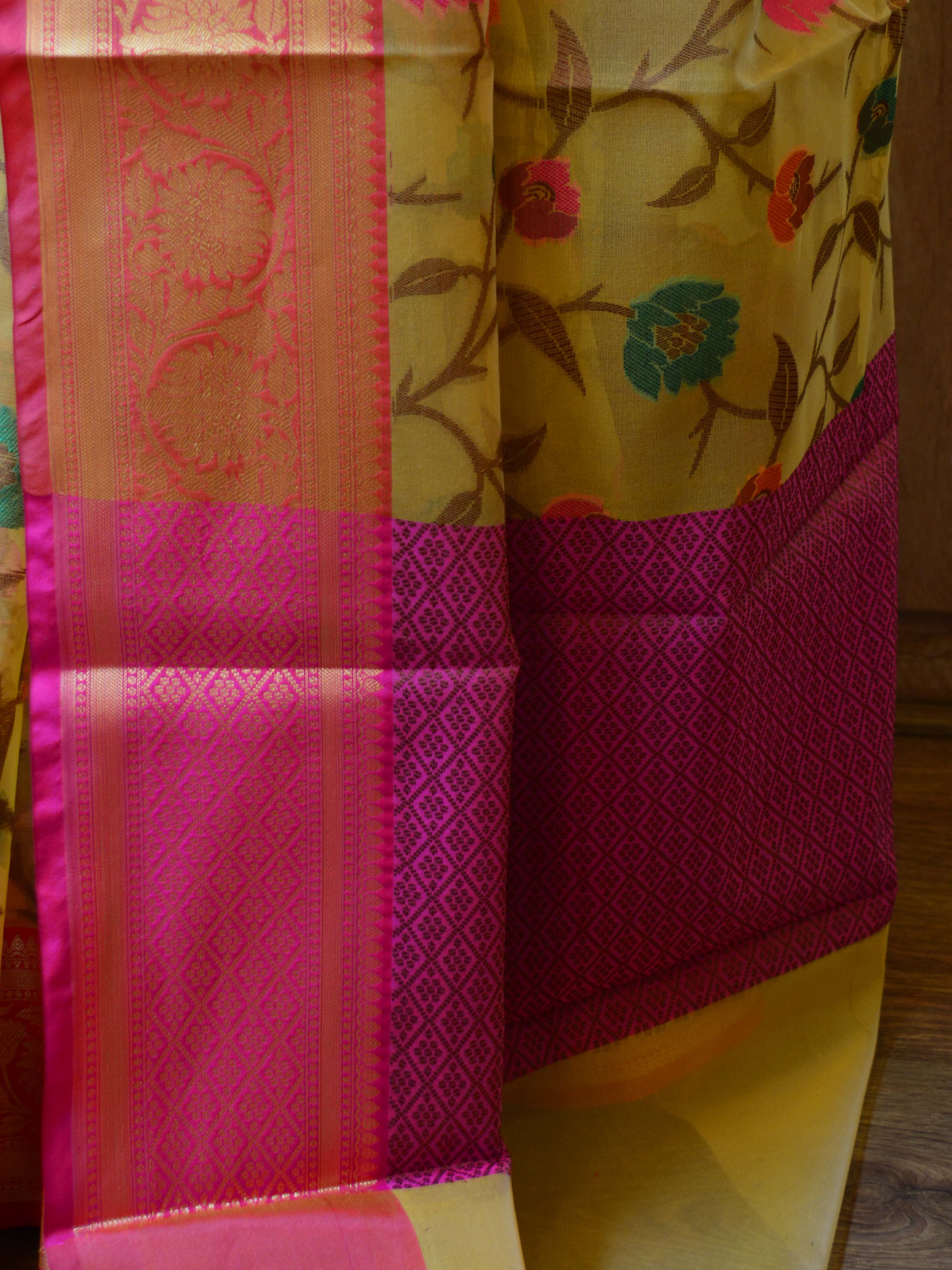 Banarasee Organza Mix Saree With Jaal Design & Floral Border-Yellow