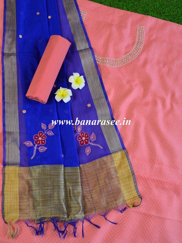 Banarasee Hand-Embroidery Chanderi Cotton Salwar Kameez Fabric With Art Silk Dupatta-Peach & Blue