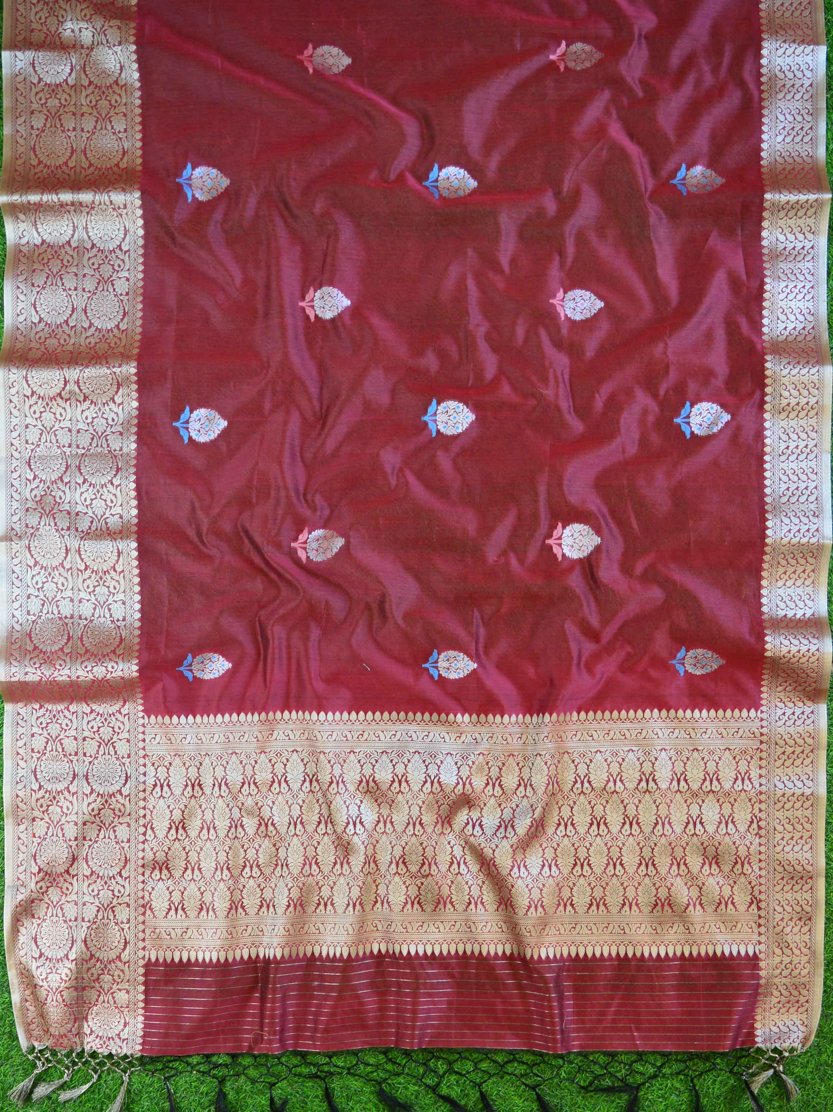 Banarasee Handwoven Cotton Silk With Silver Zari Buta & Border-Maroon