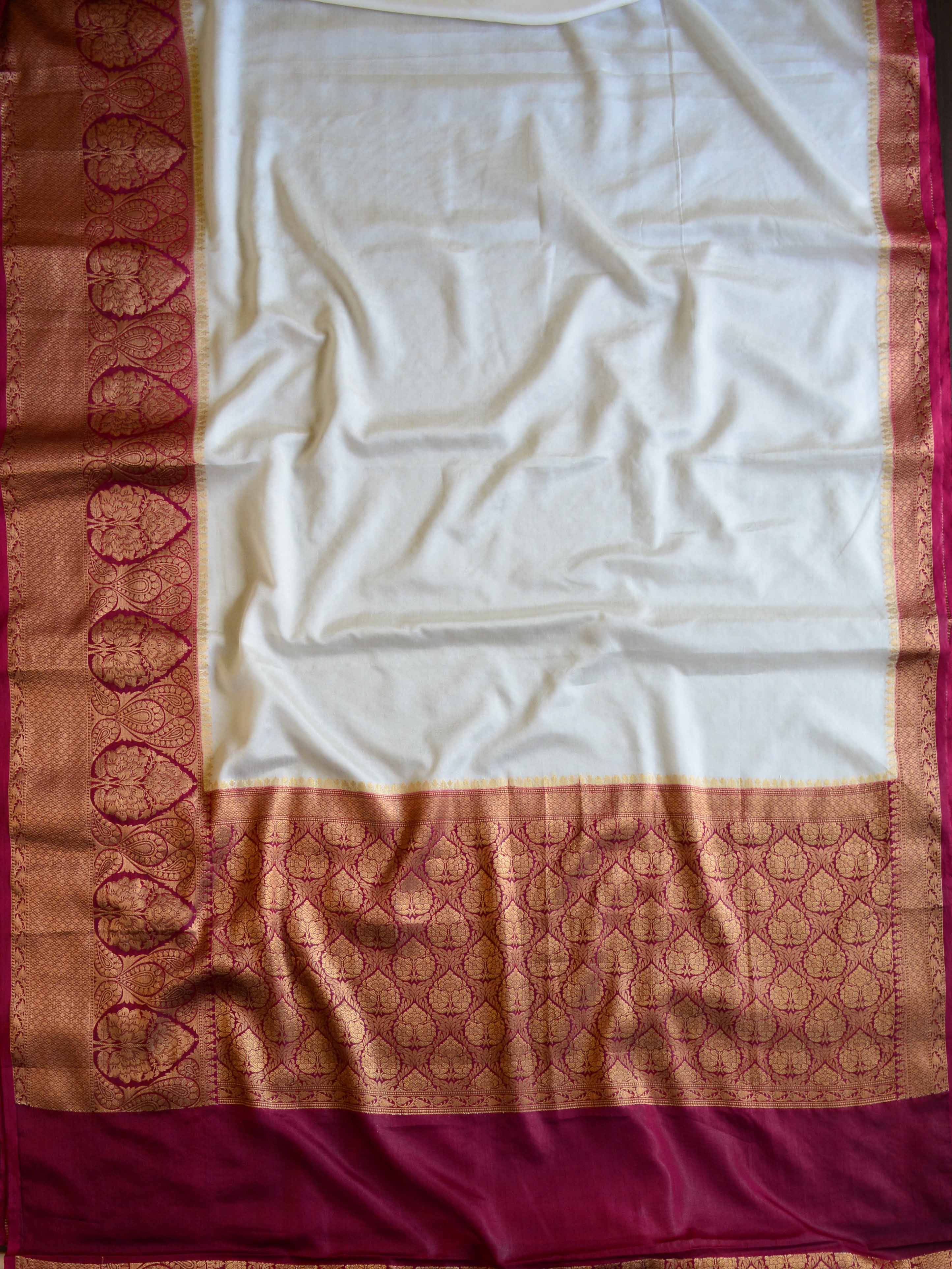 Banarasee Handwoven Semi Silk Saree With Contrast Zari Border-White & Maroon