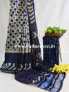 Banarasee Silk Blend Saree With Batik Print & Contrast Blouse-Blue & White