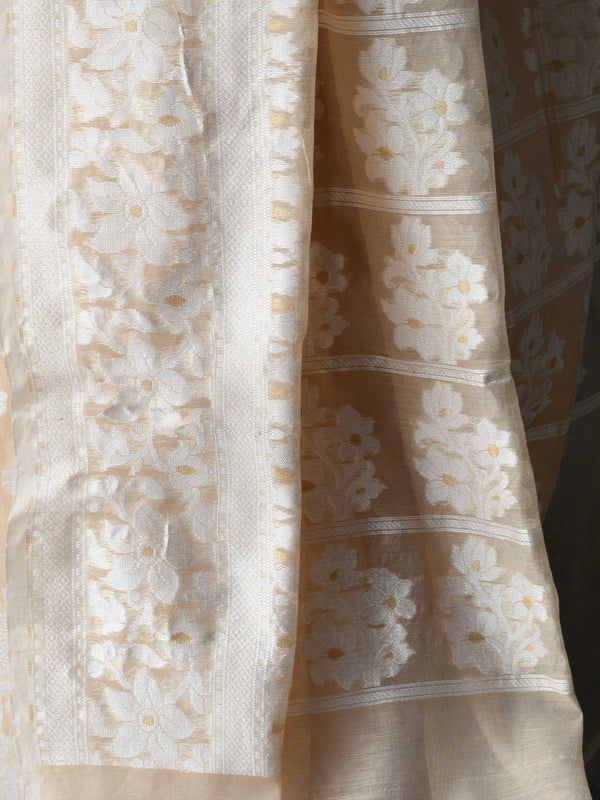 Banarasee Cotton Silk Jamdani Saree With Resham & Zari Design-Beige