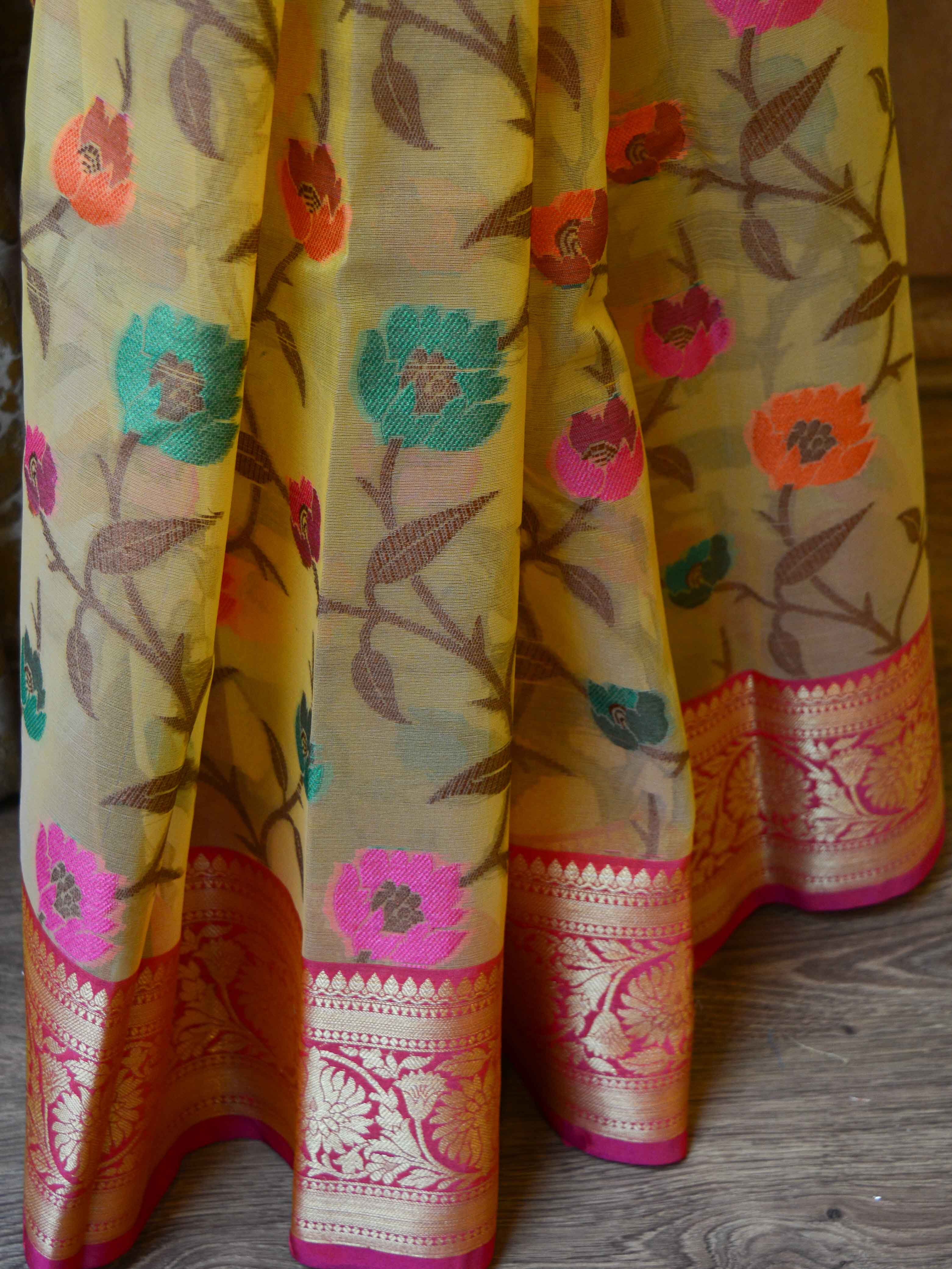 Banarasee Organza Mix Saree With Jaal Design & Floral Border-Yellow
