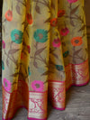 Banarasee Organza Mix Saree With Jaal Design & Floral Border-Yellow