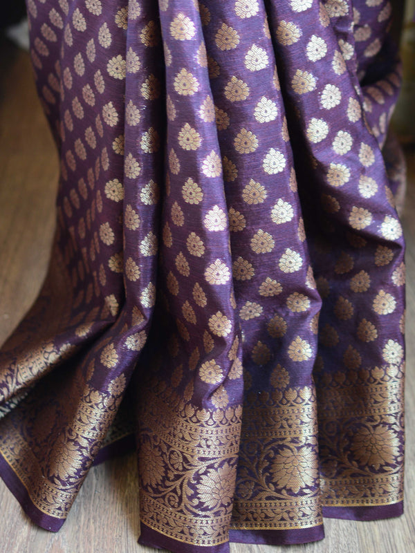 Banarasee Handwoven Semi Silk Saree With Antique Zari Buti Design-Brown
