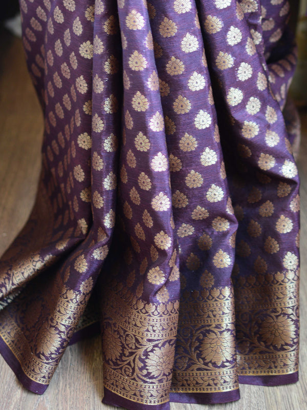 Banarasee Handwoven Semi Silk Saree With Antique Zari Buti Design-Brown