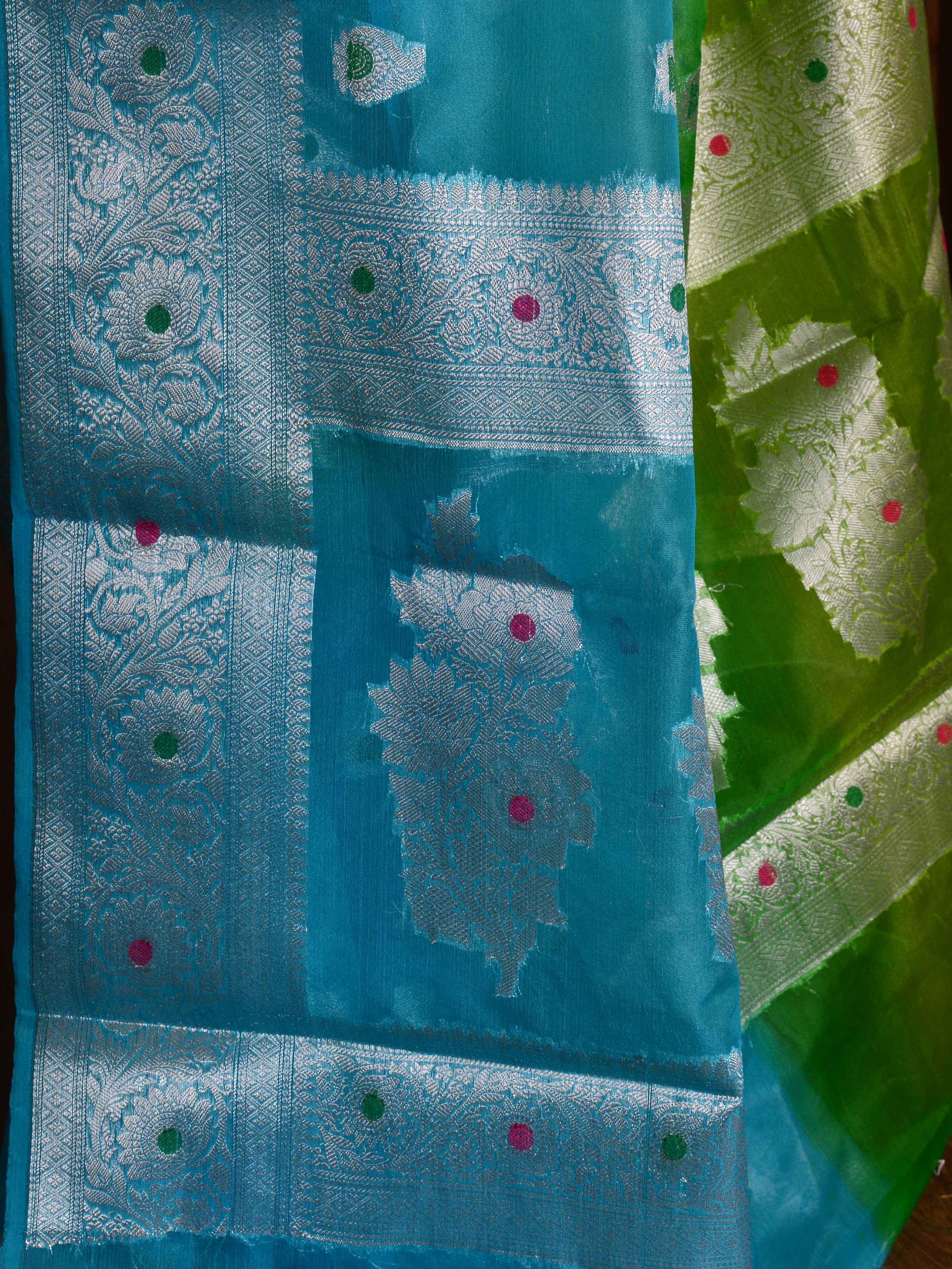 Banarasee Organza Mix Saree With Silver Zari Buta & Dual Color Design-Green & Blue
