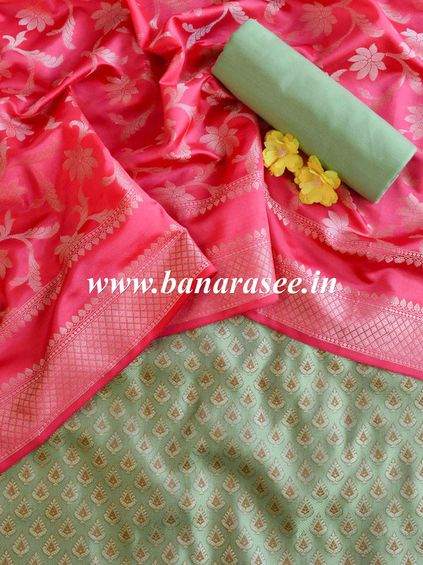 Banarasee Brocade Salwar Kameez Fabric With Art Silk Dupatta-Green & Pink