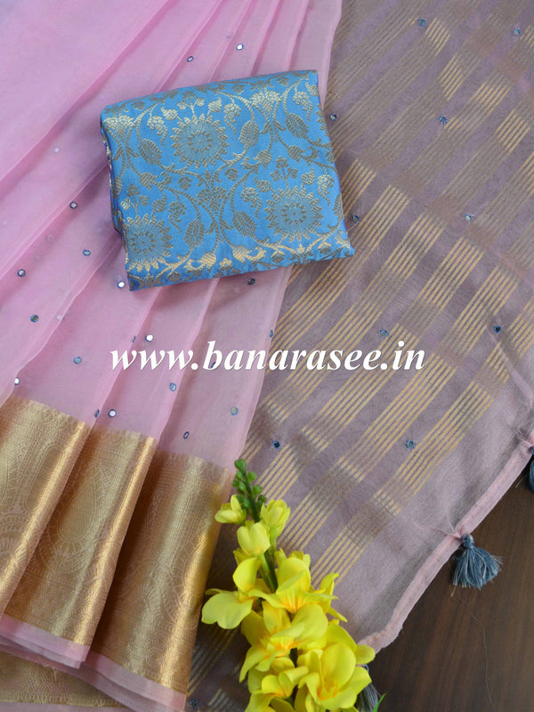 Banarasee Hand-Embroidered Mirror Work Organza Saree With Contrast Blouse-Baby Pink