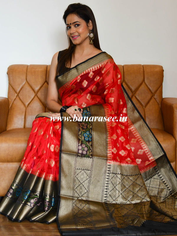 Banarasee Organza Mix Saree With  Buta Design & Resham Floral Border-Red & Black