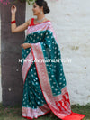 Banarasee Handwoven Faux Georgette Saree With Silver Zari Buti & Contrast Border Design-Green & Red