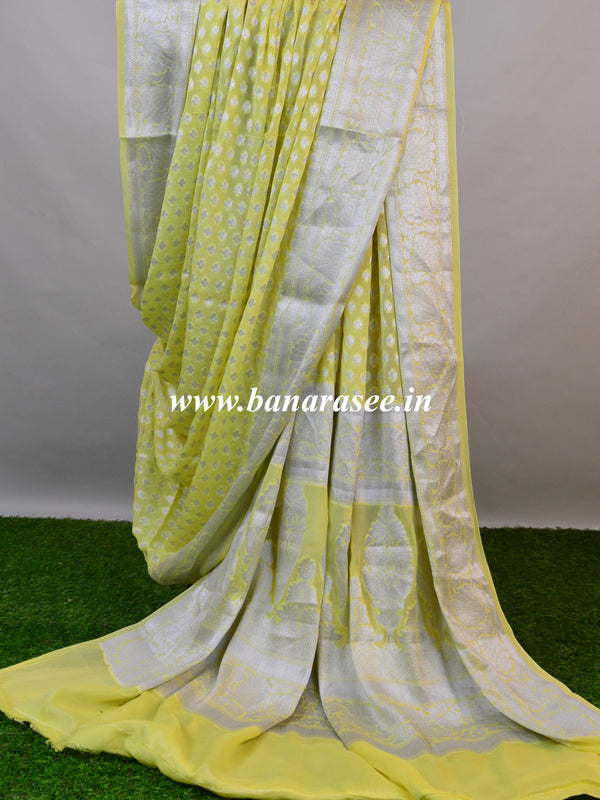 Banarasee Pure Chiffon Saree With Silver Zari Buti-Yellow