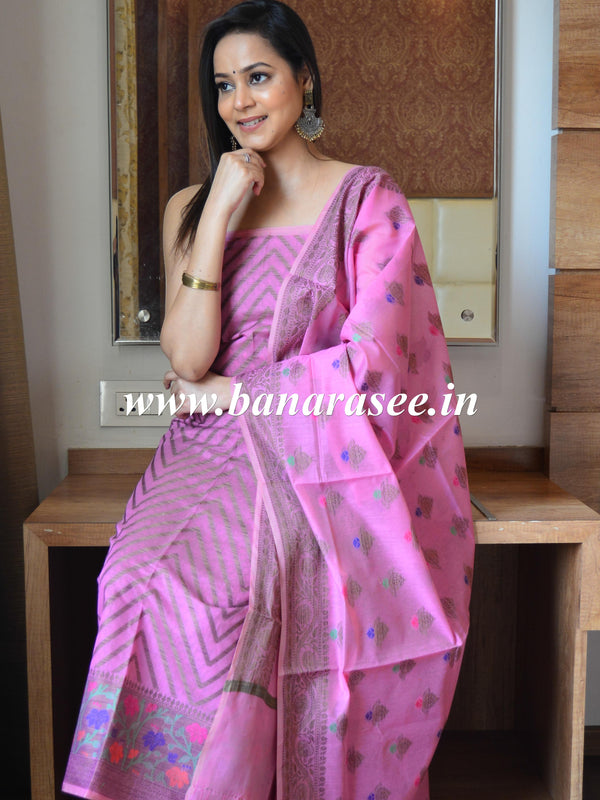 Banarasee Chanderi Cotton Salwar Kameez Fabric With Ghiccha Work-Pink