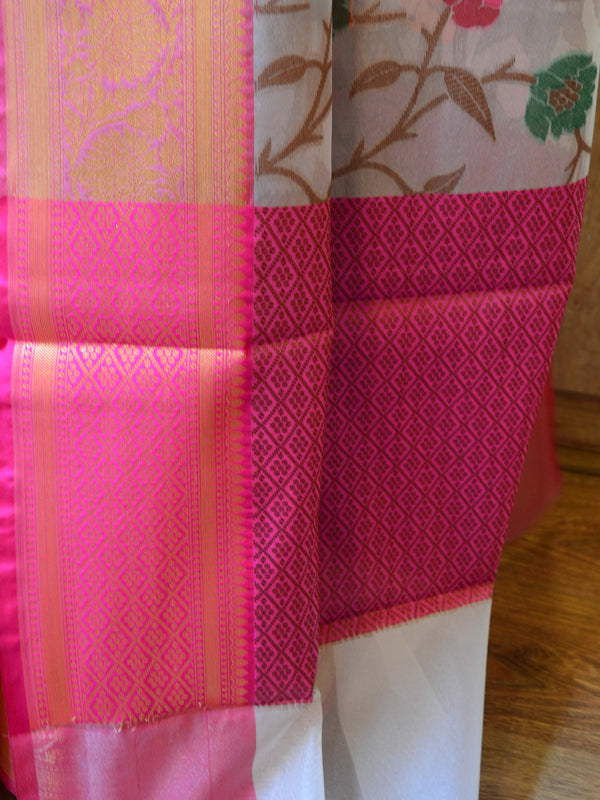Banarasee Organza Mix Saree With Jaal Design & Floral Border-White