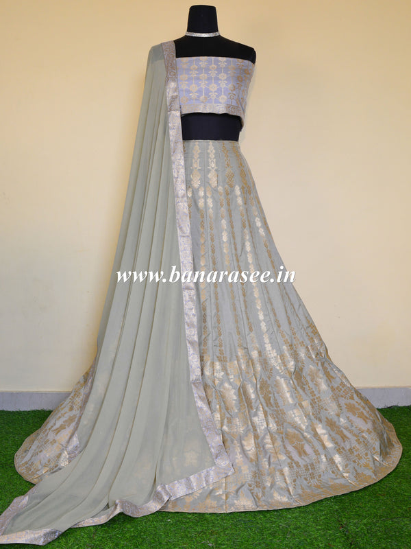 Banarasee Handwoven Silk Cotton Unstitched Lehenga Chiffon Dupatta & Blouse Fabric-Pastel Green
