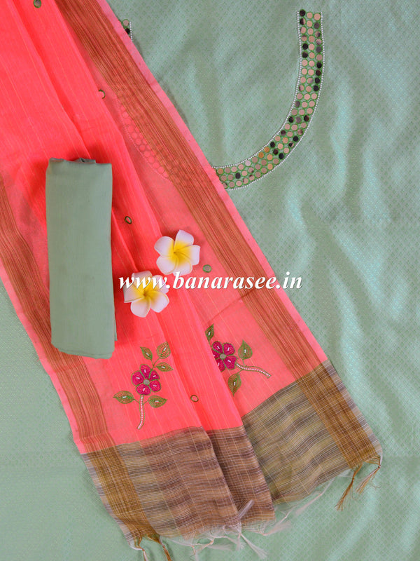 Banarasee Hand-Embroidery Chanderi Cotton Salwar Kameez Fabric With Art Silk Dupatta-Green & Orange